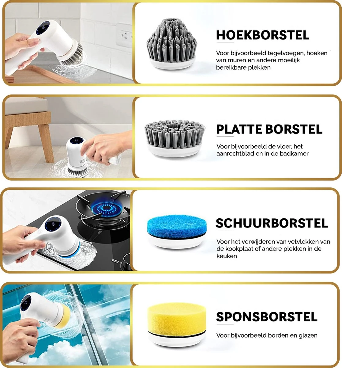 MostEssential Premium Elektrische Schoonmaakborstel 2023 Model – Elektrische Schrobber - Schrobborstel - Poetsmachine – Voor Badkamer Of Keuken - Inclusief 4 Borstelkoppen 5 MostEssential Premium Elektrische Schoonmaakborstel 2023 Model – Elektrische Schrobber - Schrobborstel - Poetsmachine – Voor Badkamer Of Keuken - Inclusief 4 Borstelkoppen - Afbeelding 5