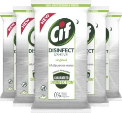 Cif Disinfect & Shine Wipes Doden 99,99% Van De Bacteriën Original Desinfecterende Schoonmaakdoekjes, Van 100% Biologisch Afbreekbaar Textiel 5 X 75 Doekjes -Schoonmaakartikelen Winkel 1200x1111 1