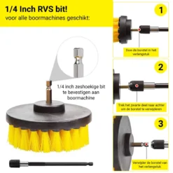 Merkloos 4-delige Borstelset Voor Boormachine - Inclusief Verlengstuk - Opzetborstels - Schrobborstel - Schuurborstel - Schoonmaakborstel - Tapijtreiniger - Brush - Geel - Gratis Verzending -Schoonmaakartikelen Winkel 1200x1200 128