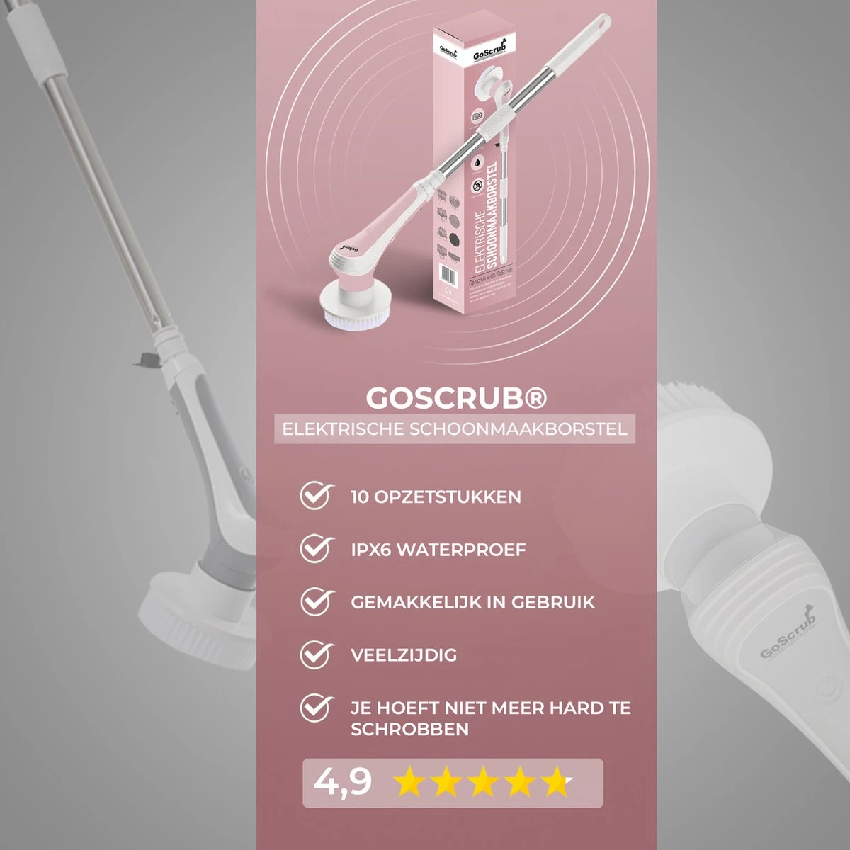 GoScrub® Elektrische Schoonmaakborstel – Elektrische Schrobber - Schrobborstel – Voor Badkamer Of Keuken – Schrobber Met Steel – Luiwagen – Polijstmachine - Roze 8 GoScrub® Elektrische Schoonmaakborstel – Elektrische Schrobber - Schrobborstel – Voor Badkamer Of Keuken – Schrobber Met Steel – Luiwagen – Polijstmachine - Roze - Afbeelding 8
