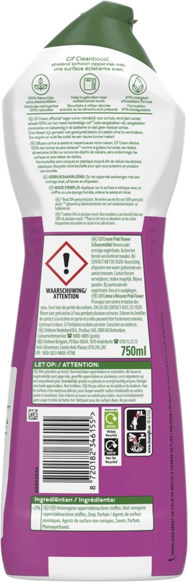 Cif CleanBoost Cream Pink Schuurmiddel - 8 X 750 Ml - Voordeelverpakking 6 Cif CleanBoost Cream Pink Schuurmiddel - 8 X 750 Ml - Voordeelverpakking - Afbeelding 6