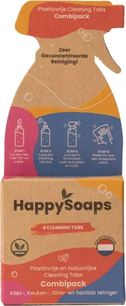 HappySoaps Cleaning Tabs - Combipack Met 4 Verschillende Tabs - Allesreiniger, Keukenreiniger, Glasreiniger En Sanitairreiniger - 100% Plasticvrij, Duurzaam & Vegan -Schoonmaakartikelen Winkel 496x1200
