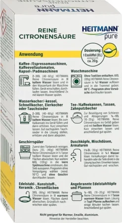 HEITMANN Pure Ontkalker- Citroenzuur Ontkalker, Natuurvriendelijke Kalkreiniger Voor Een Hygiënische Reiniging - Poeder, 1x 350 G -Schoonmaakartikelen Winkel 654x1200