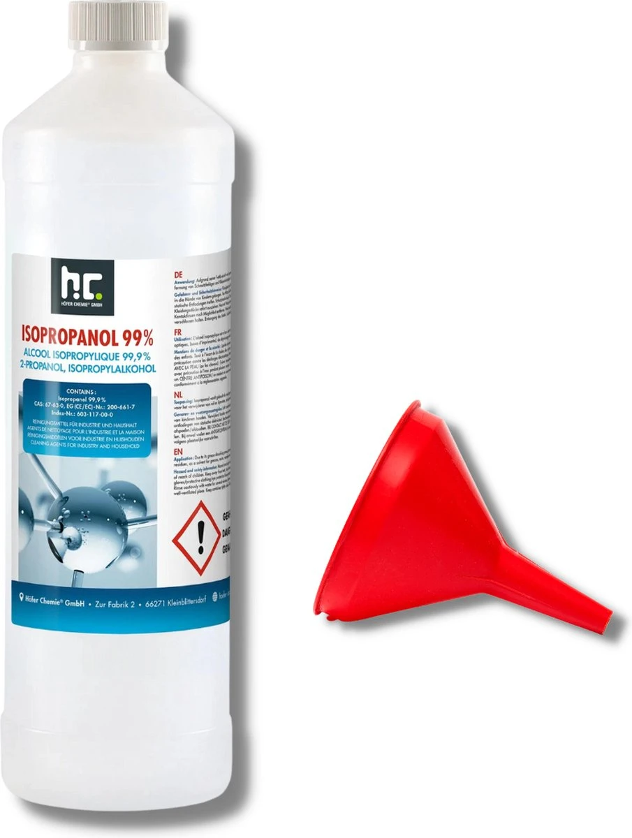 Isopropyl Alcohol - Isopropanol - IPA - Isopropyl - 99,9% Zuiver - 1000ml - Inclusief Trechter 1 Isopropyl Alcohol - Isopropanol - IPA - Isopropyl - 99,9% Zuiver - 1000ml - Inclusief Trechter